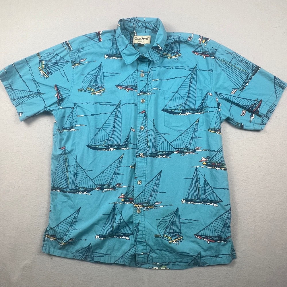Cooke Street Sailboat Shirt Mens L Blue Cotton Nautical Aloha Tropical‎ Summer